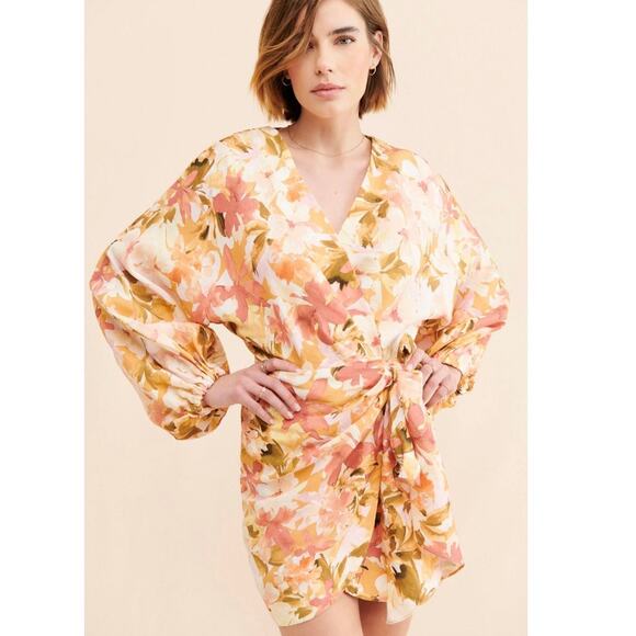 Significant Other Kenna Linen Blend Floral Mini Wrap Dress - Picture 1 of 14